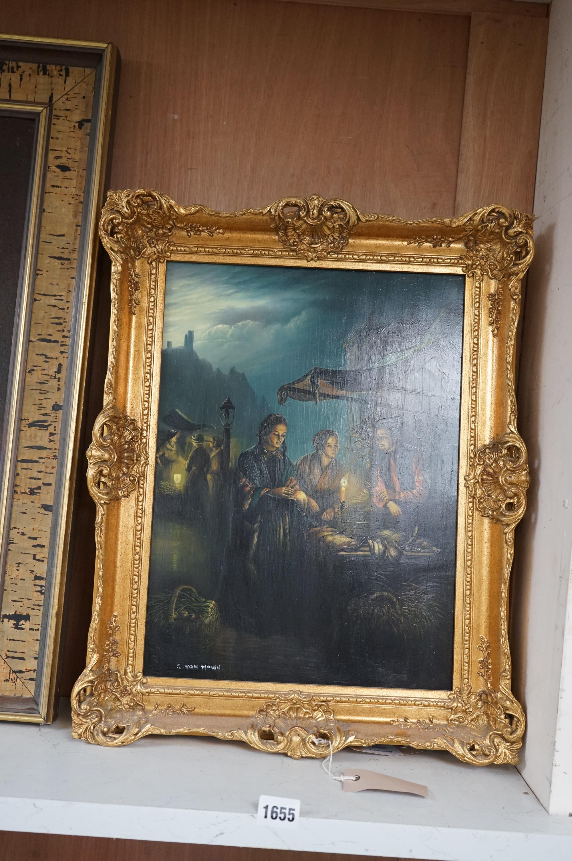 R. van Molen (Dutch, circa 1930's), pair of oils on board, 'Street vendors by candlelight', each signed, 38 x 28cm, ornate gilt frame.